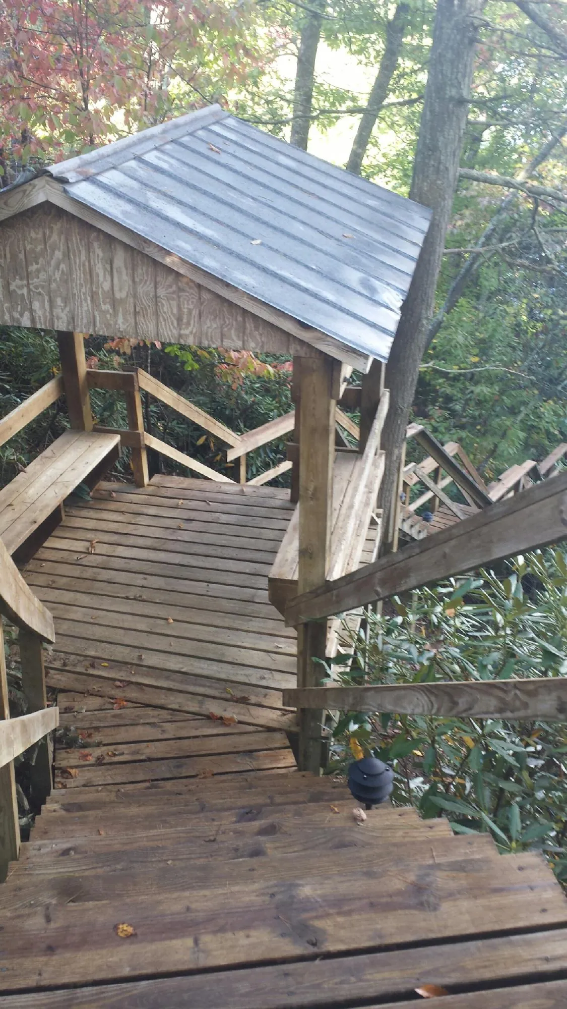 Metal roofed shelter over wooden steps on a wooded walkway — Skylight Repair & Installation work by our crew in Halfway